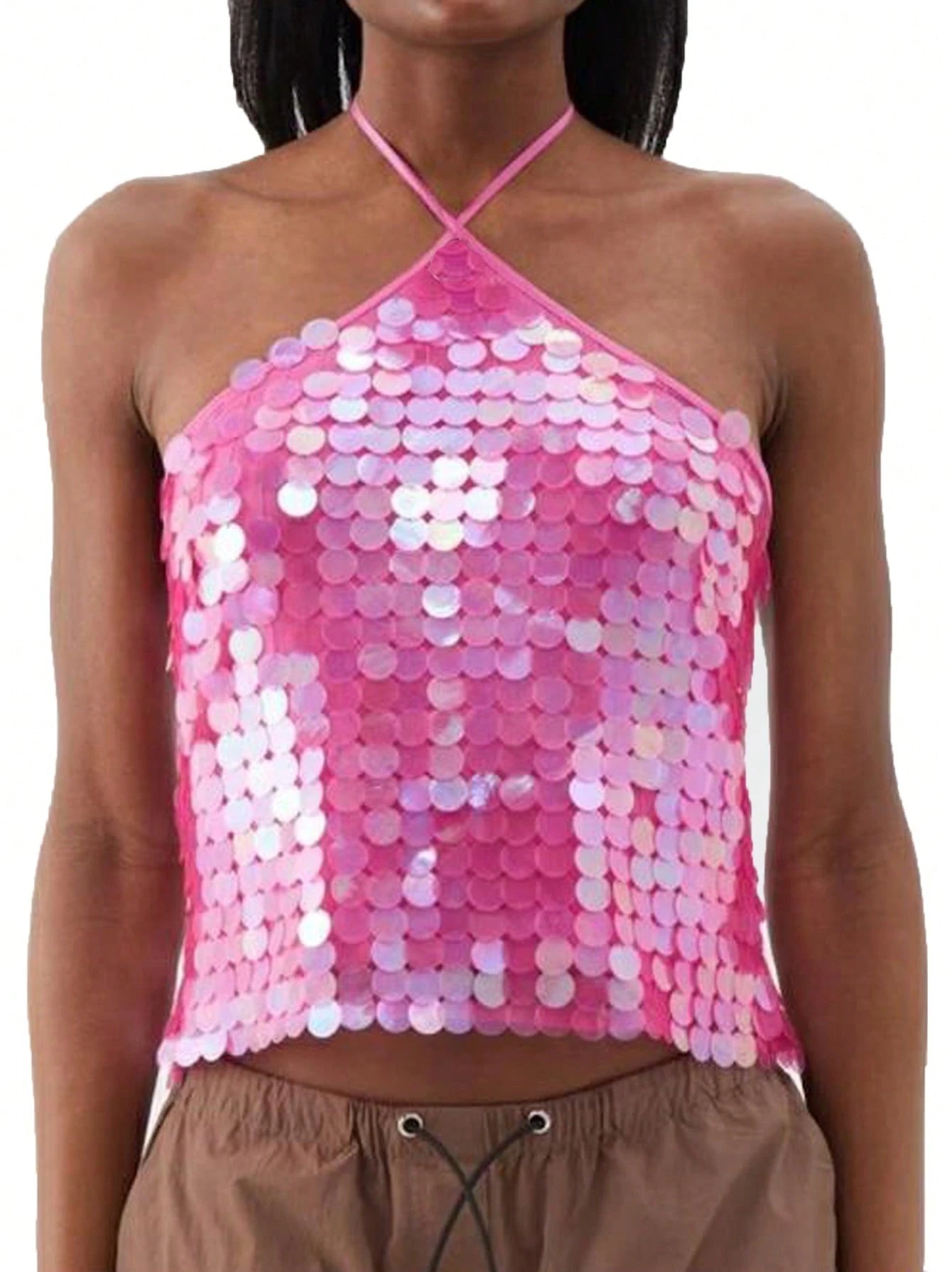 Women Summer Sleeveless Halter Neck Sequins Cami Crop Tops