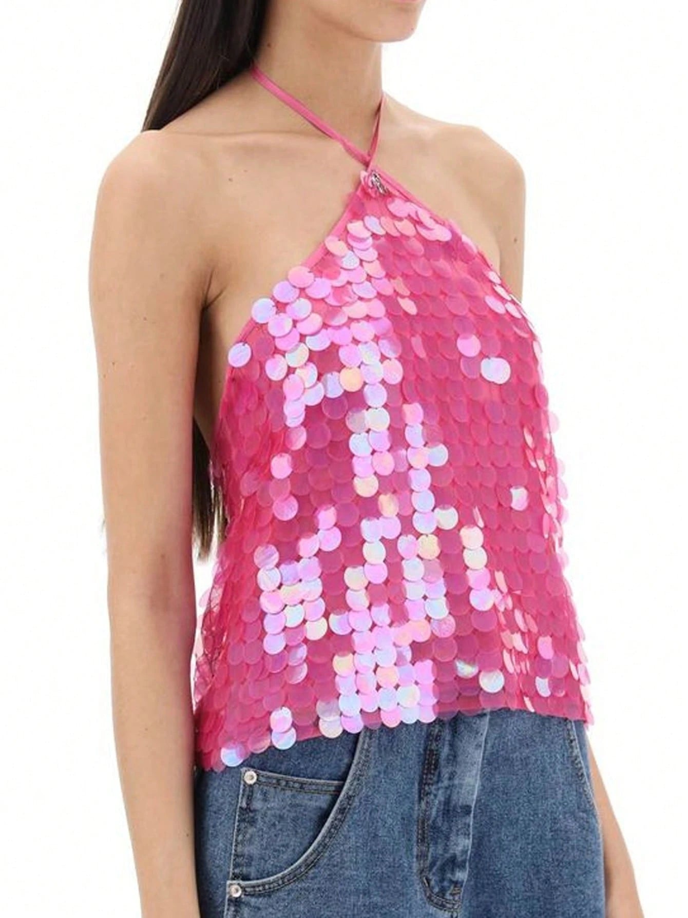 Women Summer Sleeveless Halter Neck Sequins Cami Crop Tops