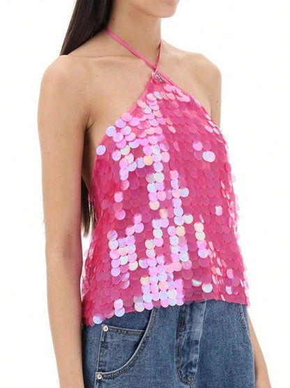 Women Summer Sleeveless Halter Neck Sequins Cami Crop Tops