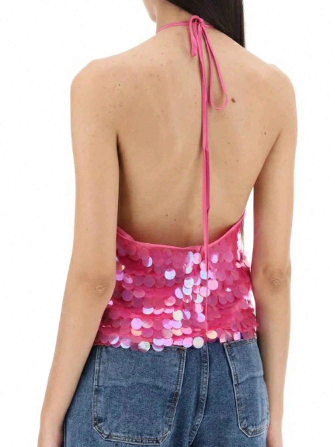 Women Summer Sleeveless Halter Neck Sequins Cami Crop Tops