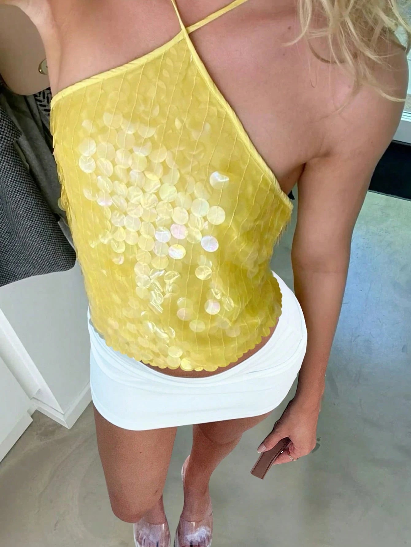 Women Summer Sleeveless Halter Neck Sequins Cami Crop Tops