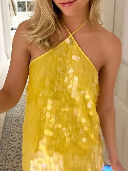 Women Summer Sleeveless Halter Neck Sequins Cami Crop Tops