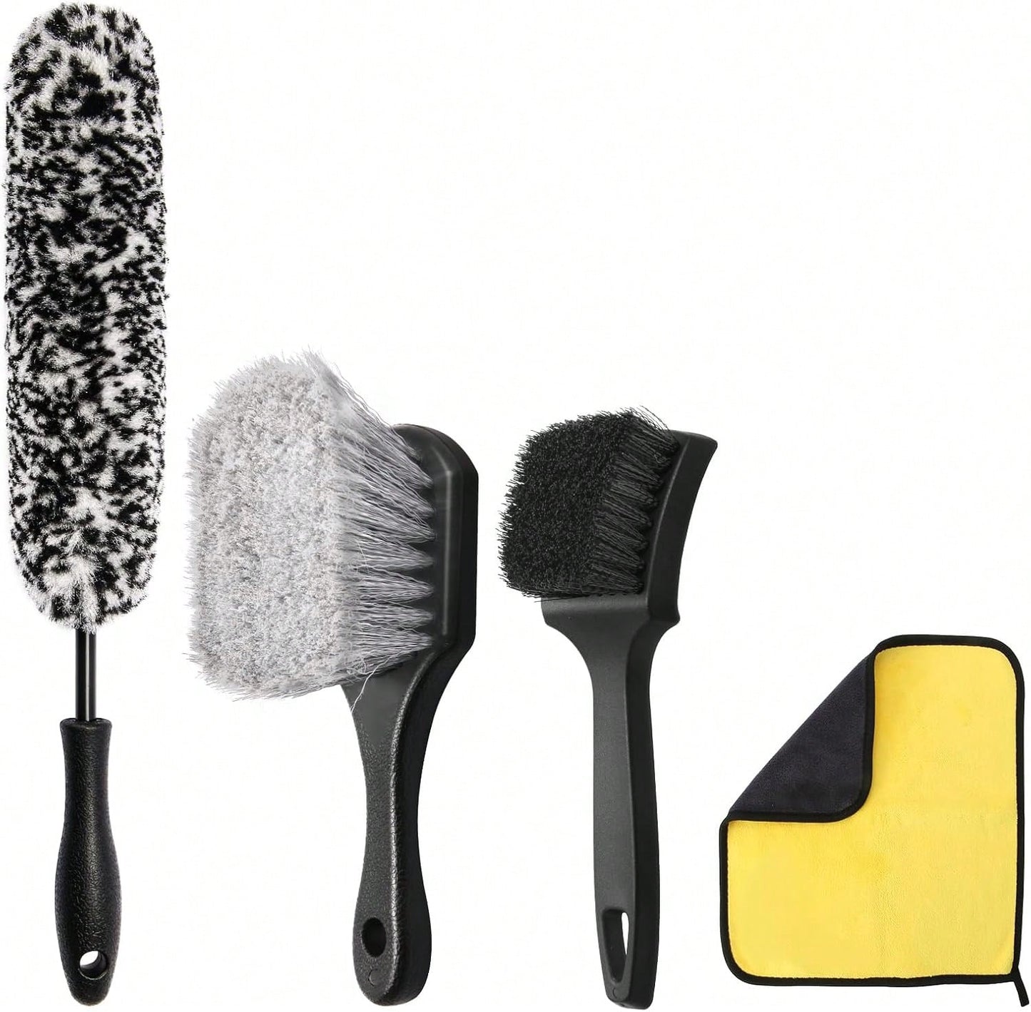 Wuqazu 4PCS Compact Wheel &Amp; Tire Cleaning Kit- 360° Flexible Synthetic Wool Rim Brush, 2 Dual-Bristle Brushes &Amp; Microfiber Towel| Scratch-Free For All Vehicles