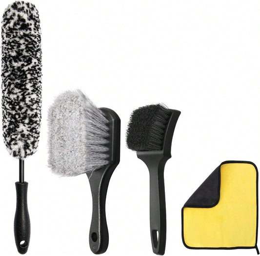 Wuqazu 4PCS Compact Wheel &Amp; Tire Cleaning Kit- 360° Flexible Synthetic Wool Rim Brush, 2 Dual-Bristle Brushes &Amp; Microfiber Towel| Scratch-Free For All Vehicles