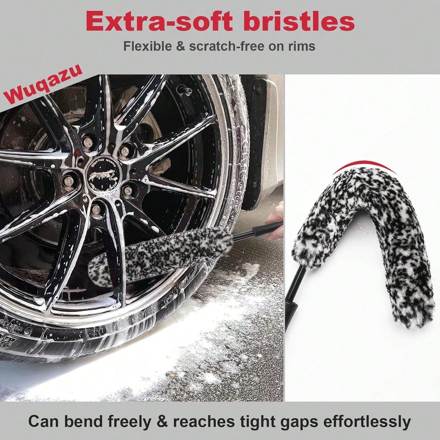 Wuqazu 4PCS Compact Wheel &Amp; Tire Cleaning Kit- 360° Flexible Synthetic Wool Rim Brush, 2 Dual-Bristle Brushes &Amp; Microfiber Towel| Scratch-Free For All Vehicles