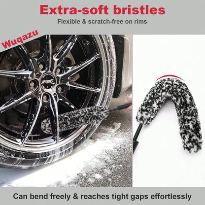 Wuqazu 4PCS Compact Wheel &Amp; Tire Cleaning Kit- 360° Flexible Synthetic Wool Rim Brush, 2 Dual-Bristle Brushes &Amp; Microfiber Towel| Scratch-Free For All Vehicles