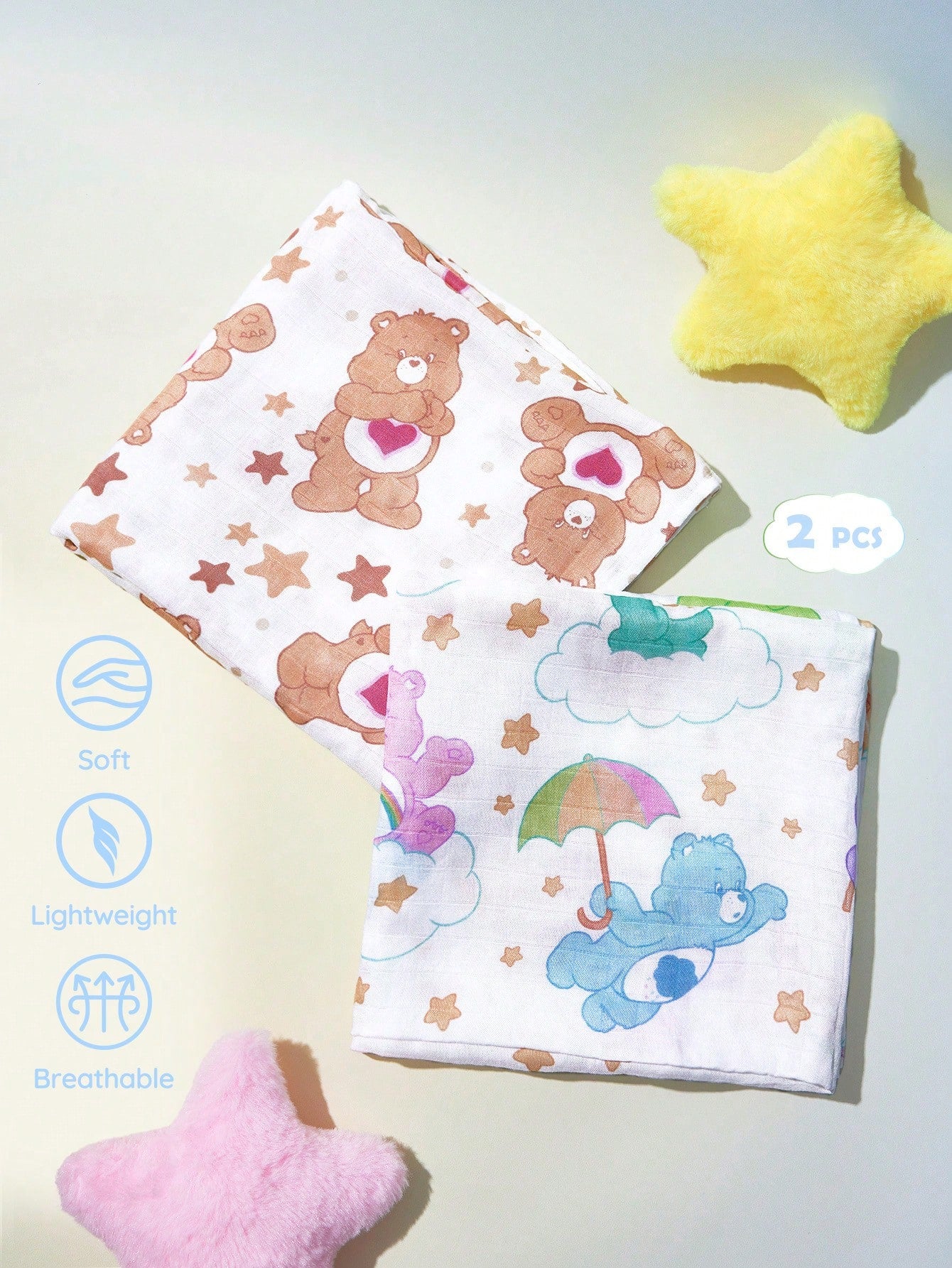 X Care Bears 2pcs Of 100 * 100cm Summer Natural Bamboo Fiber Toddlers Baby Blanket Swaddle Blanket Breathable Soft Gauze Towel Multi-Purpose And Multi-Functional, Suitable For Kids And Childrens