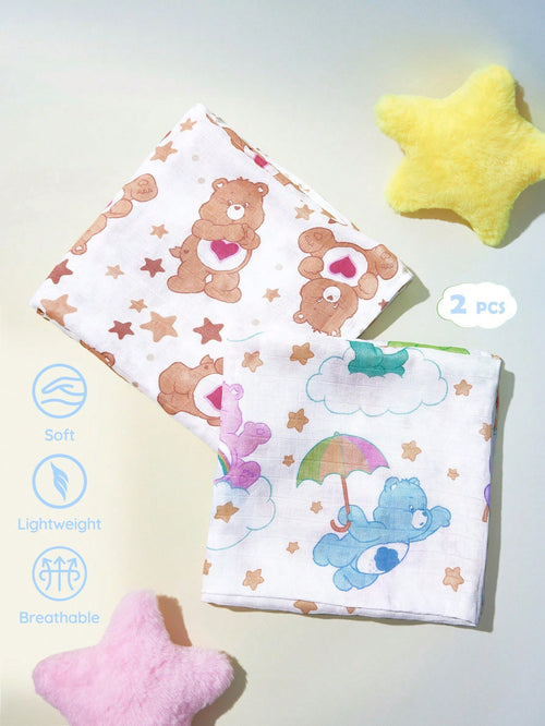 X Care Bears 2pcs Of 100 * 100cm Summer Natural Bamboo Fiber Toddlers Baby Blanket Swaddle Blanket Breathable Soft Gauze Towel Multi-Purpose And Multi-Functional, Suitable For Kids And Childrens