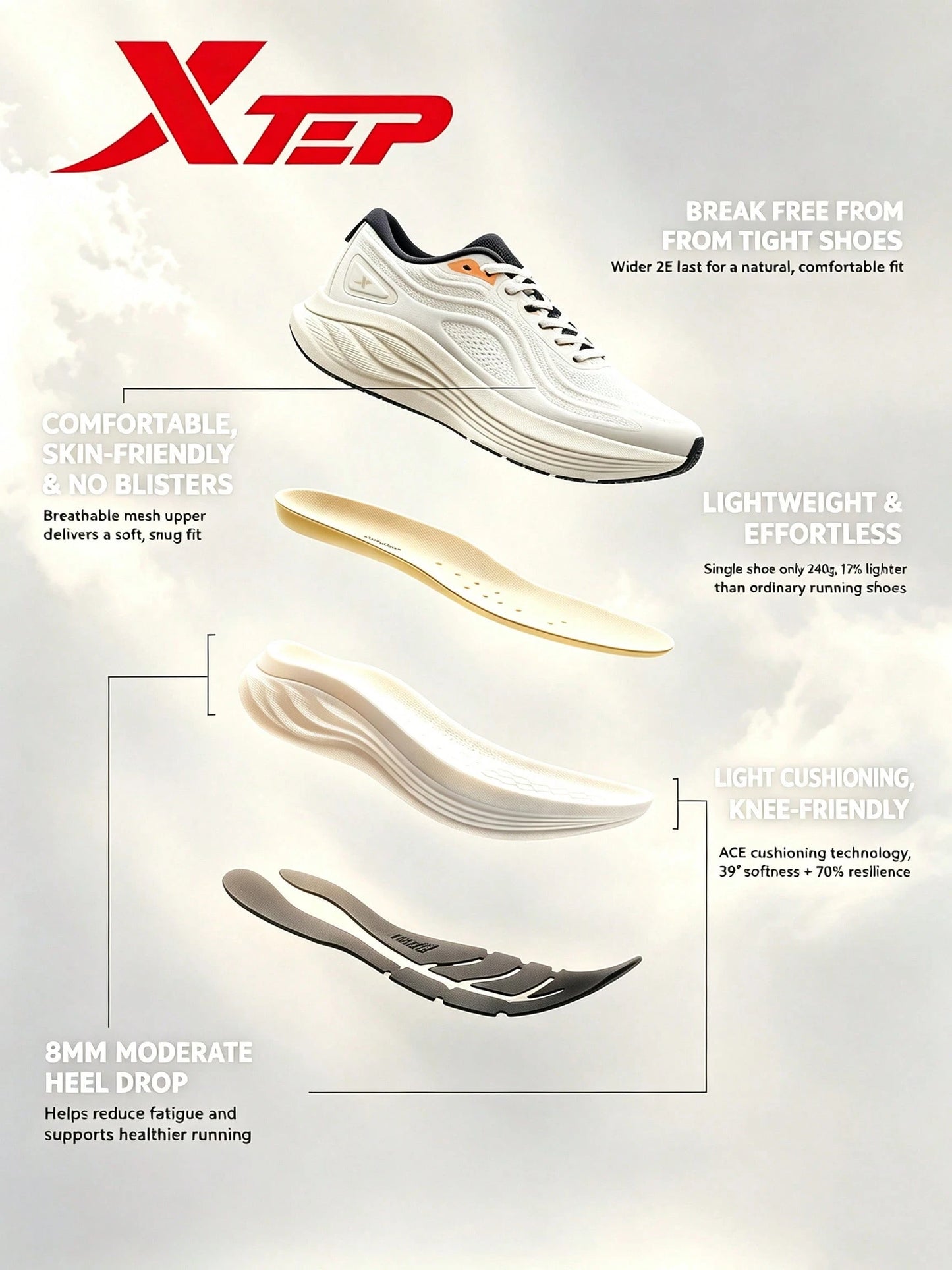 XTEP--Light Boat Running Shoes Men's Summer Mesh Breathable Sports Shoes Heavy Weight Shock Absorption Lightweight Running Shoes White Dust Gray
