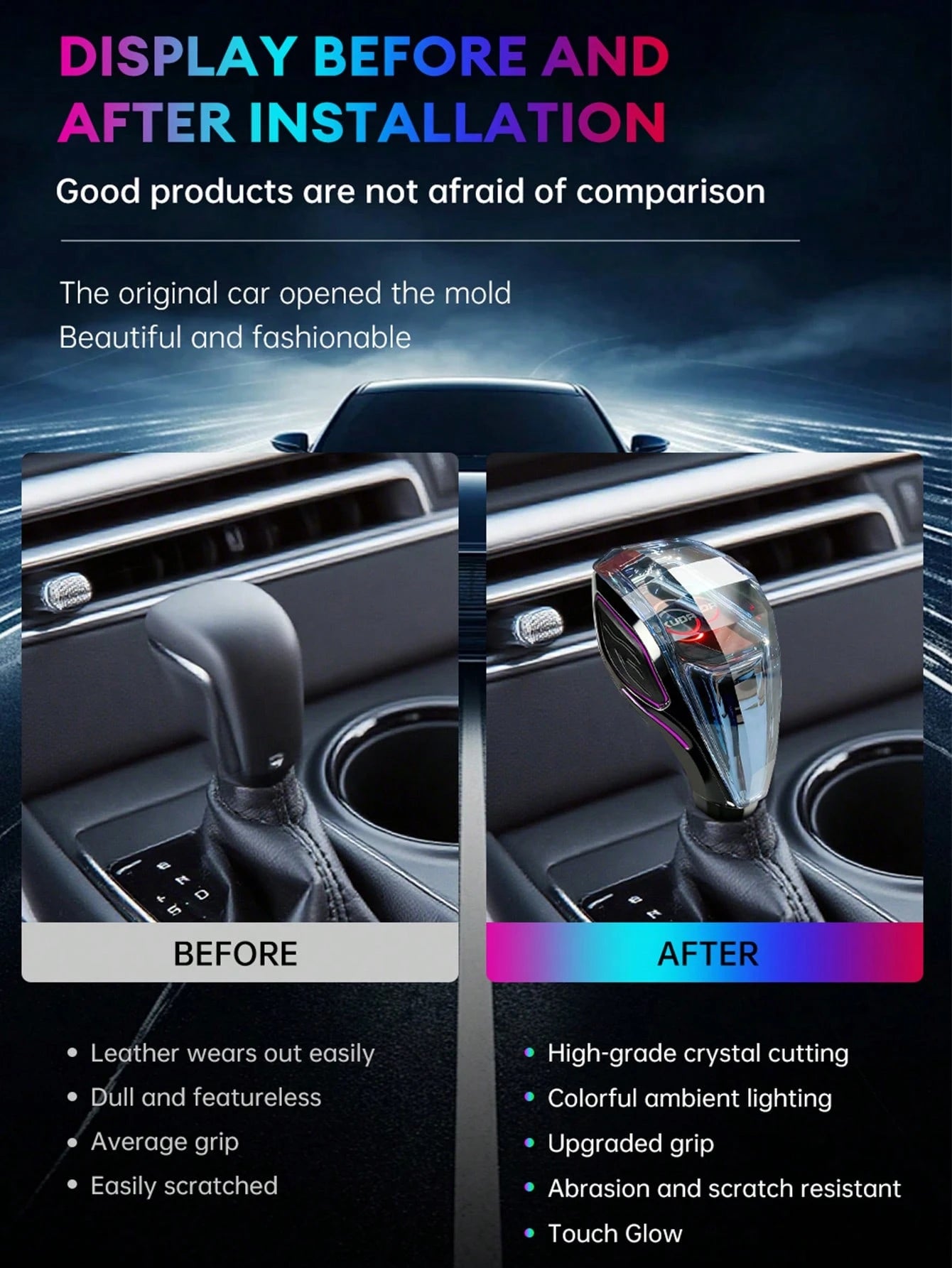 XUDA 2026 New Crystal Gear Shift Knob, Crystal Seven-Color LED Light Gear Shift Handle, Side Lighting, Plug And Play, Comfortable Grip, Wear-Resistant And Scratch-Resistant, Suitable For Cars