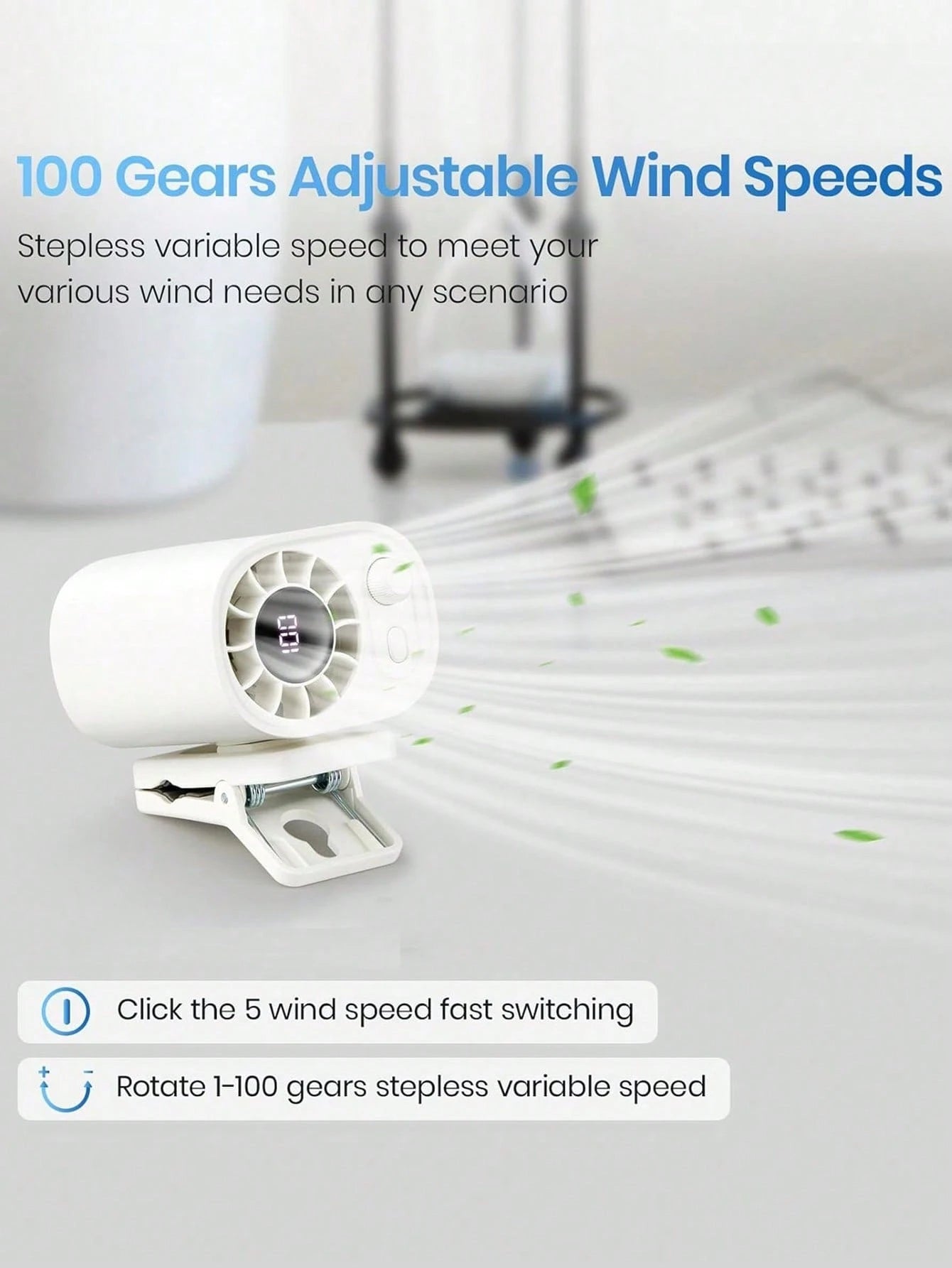 YAIUZGOO Clip-On Car Fan With LED Display, 100-Speed Adjustable, Rechargeable, Multi-Functional Personal Fan, Suitable For Office, Car, Parasol, Travel And More