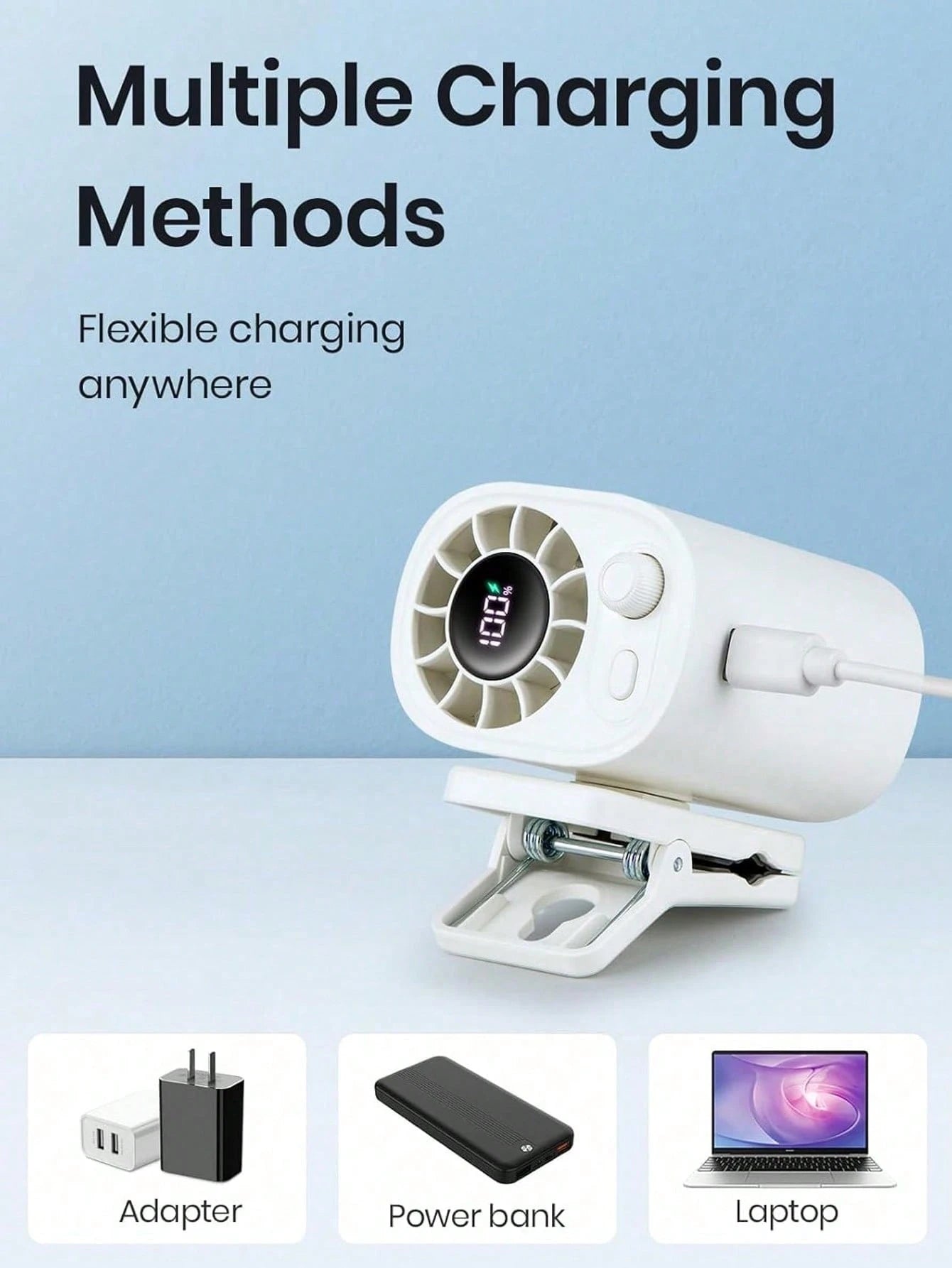 YAIUZGOO Clip-On Car Fan With LED Display, 100-Speed Adjustable, Rechargeable, Multi-Functional Personal Fan, Suitable For Office, Car, Parasol, Travel And More
