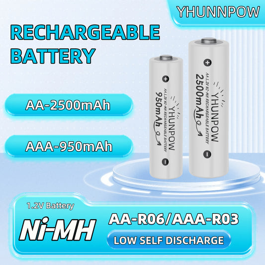 YHUNPOW- Rechargeable Ni-MH Batteries, 1.2V, AA 2500mAh/AAA 950mAh Options, Suitable For Remote Controls, Toy Cars, Game Controllers, And More