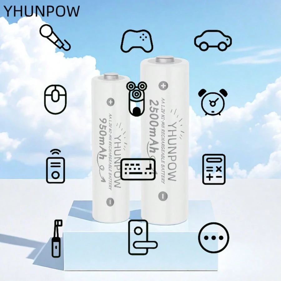 YHUNPOW- Rechargeable Ni-MH Batteries, 1.2V, AA 2500mAh/AAA 950mAh Options, Suitable For Remote Controls, Toy Cars, Game Controllers, And More
