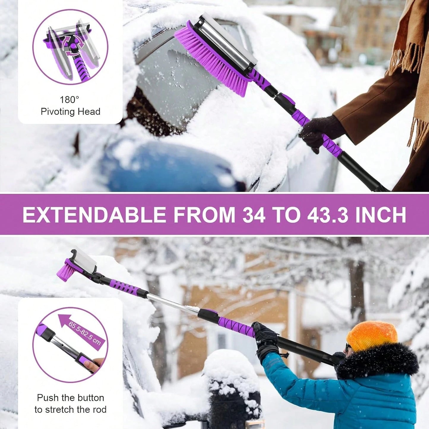 Yougfin 3 In 1 Snow Brush With Ice Scraper For Car Windshield Extendable, SUV Snow Removal With Squeegee Heavy Duty, 180° Rotating Head Car Window