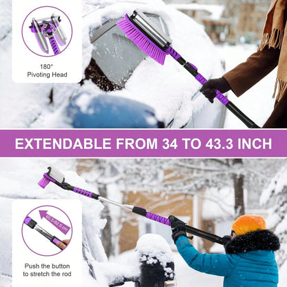Yougfin 3 In 1 Snow Brush With Ice Scraper For Car Windshield Extendable, SUV Snow Removal With Squeegee Heavy Duty, 180° Rotating Head Car Window