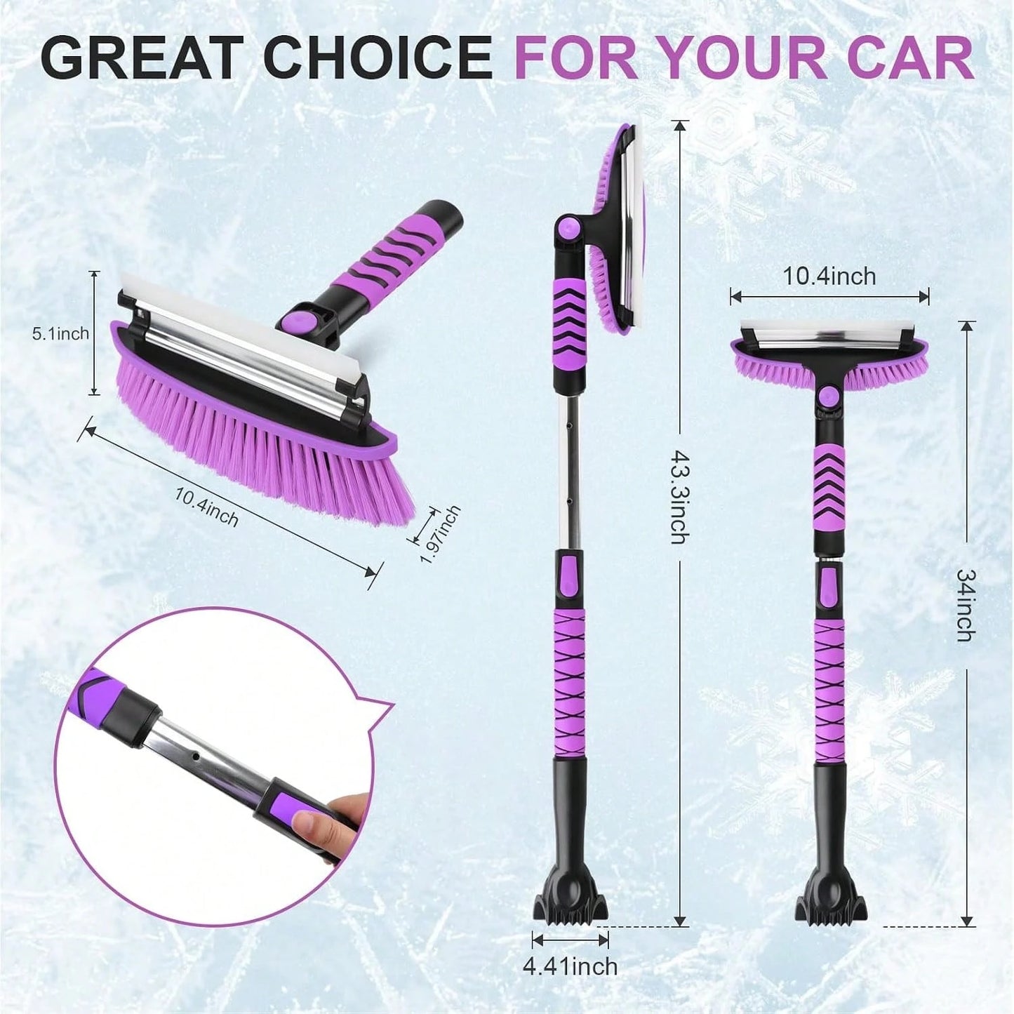 Yougfin 3 In 1 Snow Brush With Ice Scraper For Car Windshield Extendable, SUV Snow Removal With Squeegee Heavy Duty, 180° Rotating Head Car Window