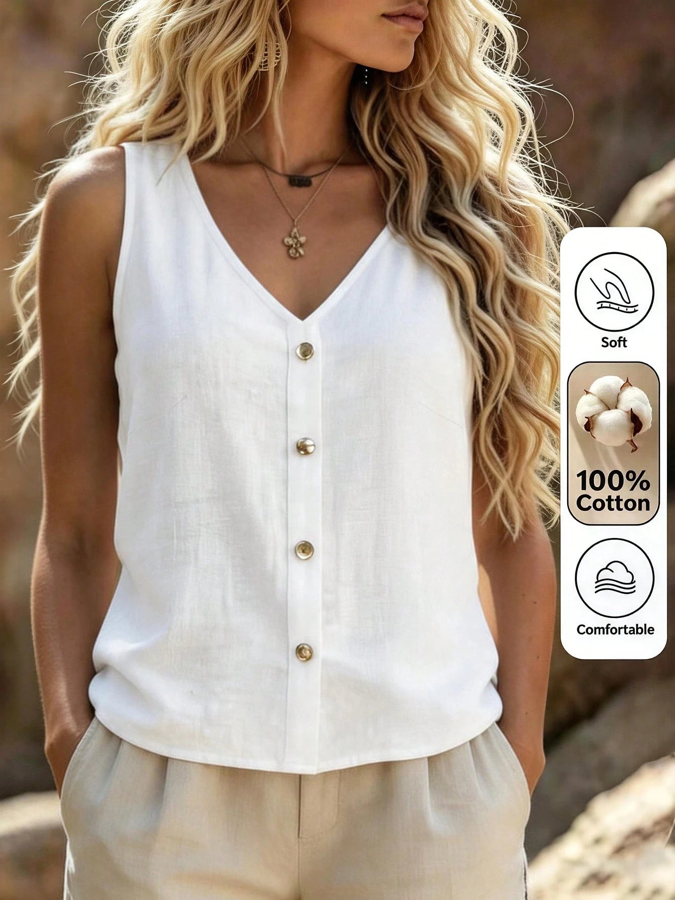 Zayélia Linen Textured V-Neck Sleeveless Vest Loose Single-Breasted Design Artistic Style Vacation Casual Outerwear Top