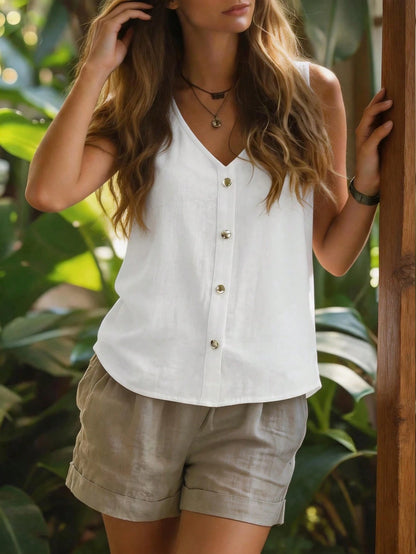 Zayélia Linen Textured V-Neck Sleeveless Vest Loose Single-Breasted Design Artistic Style Vacation Casual Outerwear Top