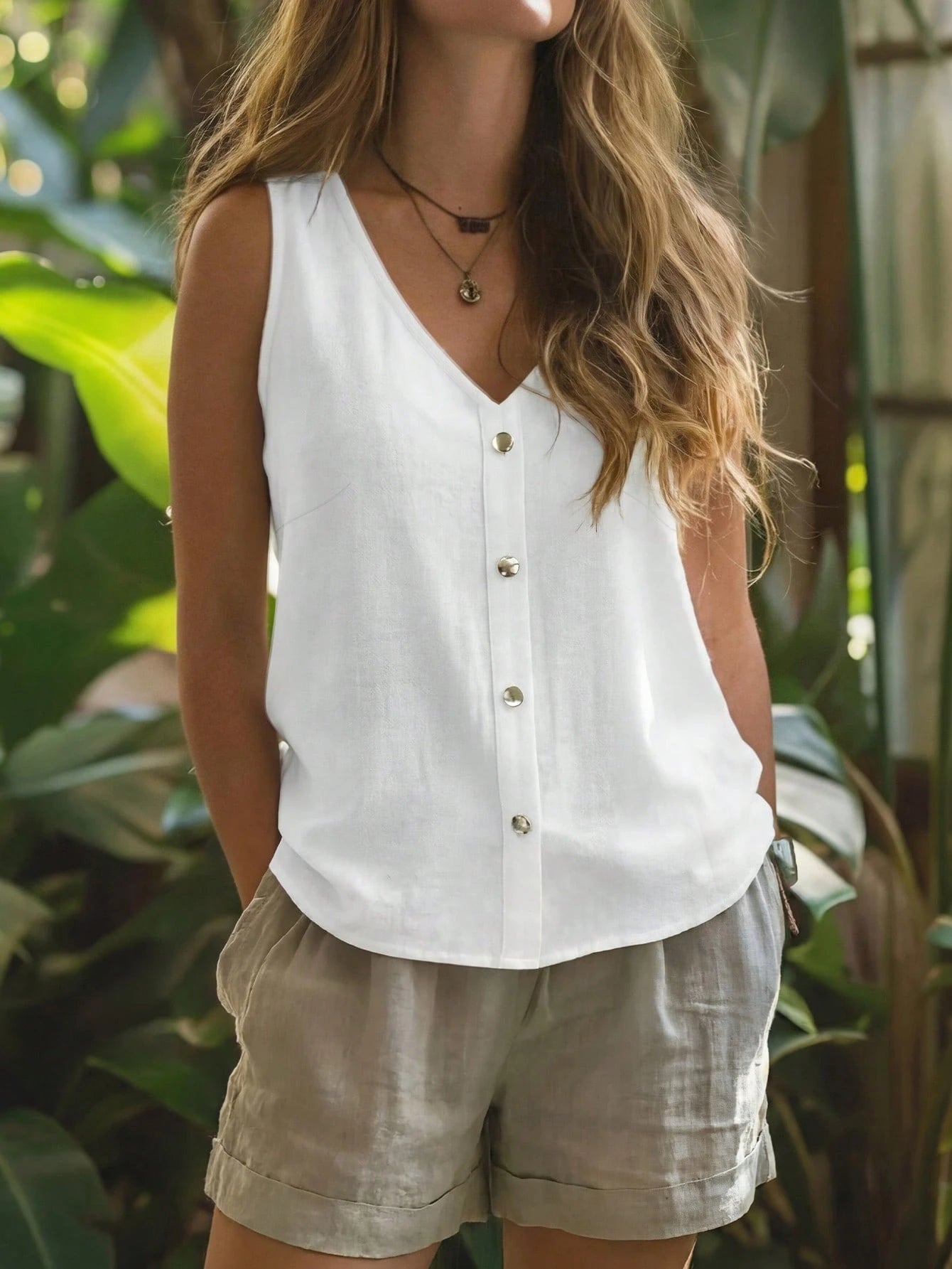 Zayélia Linen Textured V-Neck Sleeveless Vest Loose Single-Breasted Design Artistic Style Vacation Casual Outerwear Top