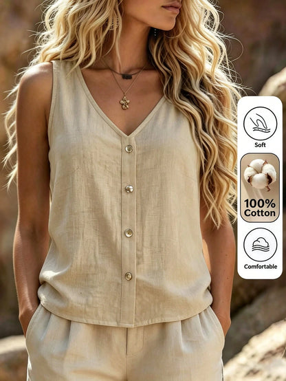 Zayélia Linen Textured V-Neck Sleeveless Vest Loose Single-Breasted Design Artistic Style Vacation Casual Outerwear Top