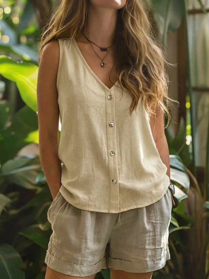 Zayélia Linen Textured V-Neck Sleeveless Vest Loose Single-Breasted Design Artistic Style Vacation Casual Outerwear Top