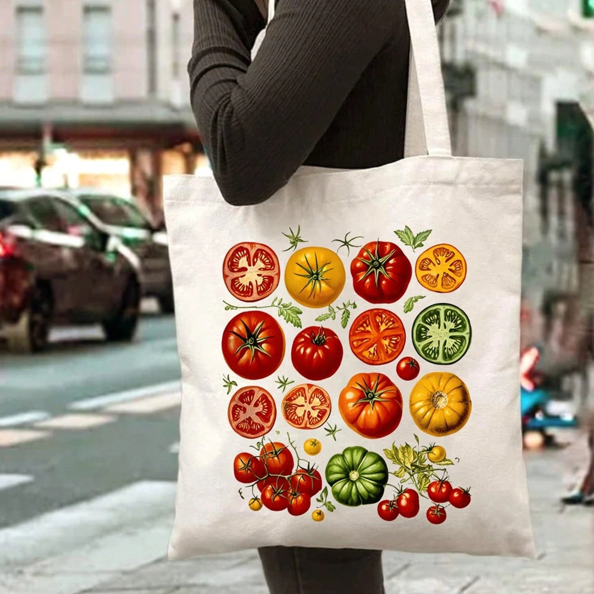 ZCAYNGER Tomato Print Canvas Tote Bag- Reusable Shopping Bag With Durable Handles, High-Quality And Stylish Design For Farmers' Markets, Beach, And Everyday Use- Beige With Vibrant Tomato & Green Le